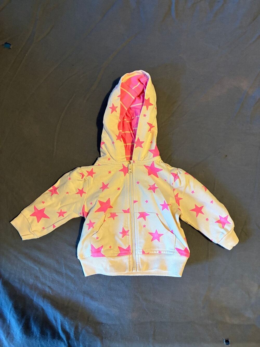 Baby Hoodie Girls 6-12M Pink Stars Hooded Zip Front Sweatshirt White Cotton